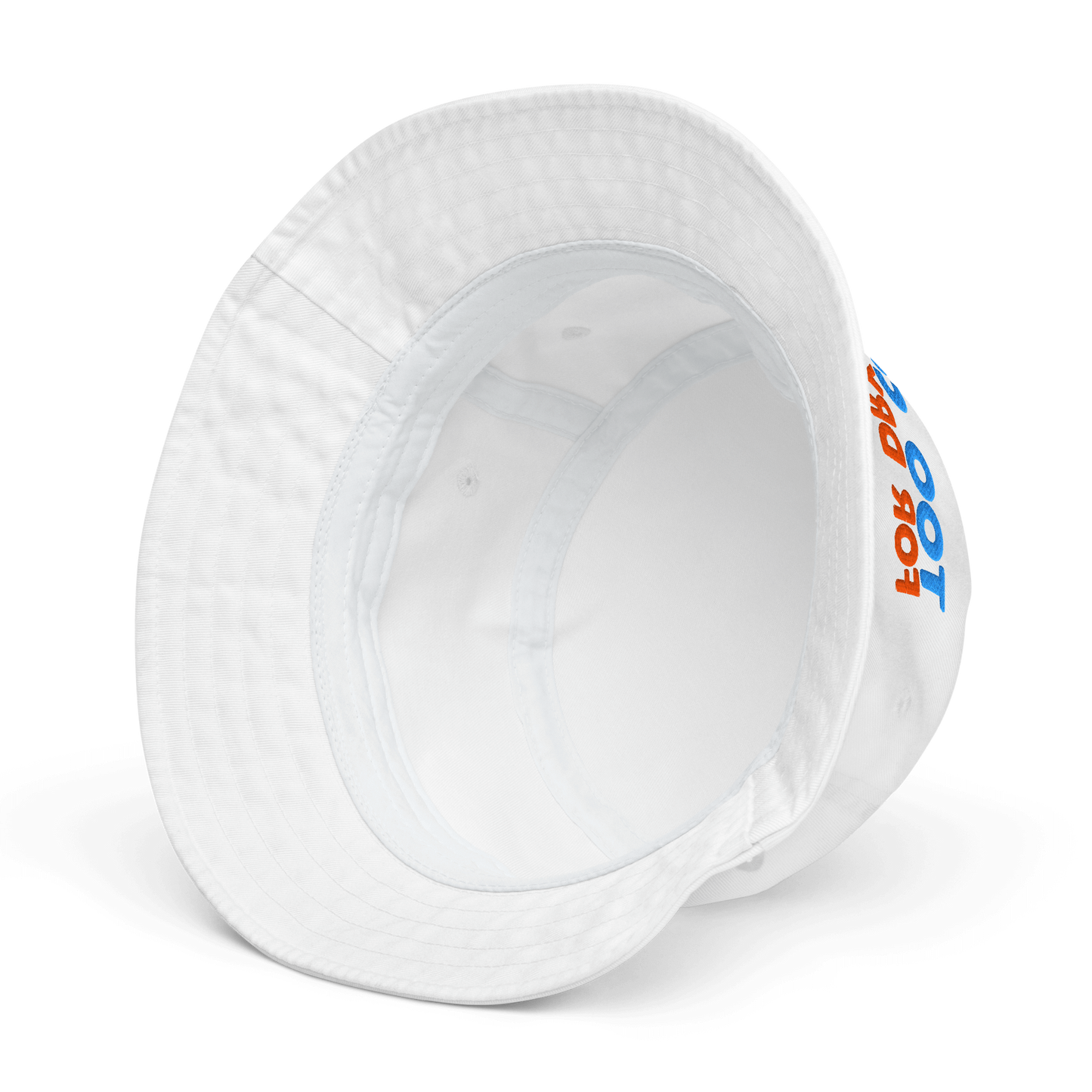 White bucket hat with text on a white background