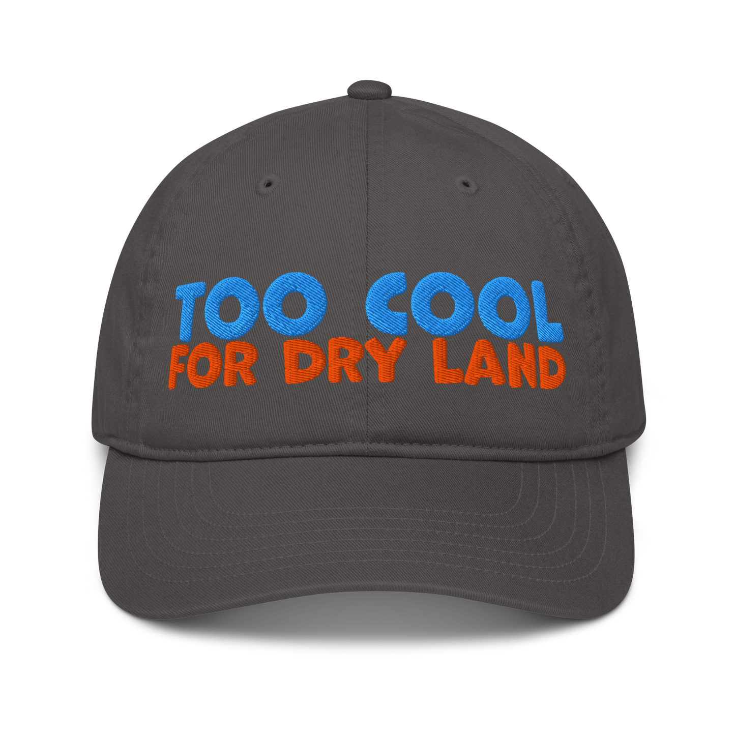 Charcoal organic cotton baseball cap embroidered with “Too Cool for Dry Land” in bold blue and orange text. Eco-friendly, breathable, and biodegradable.