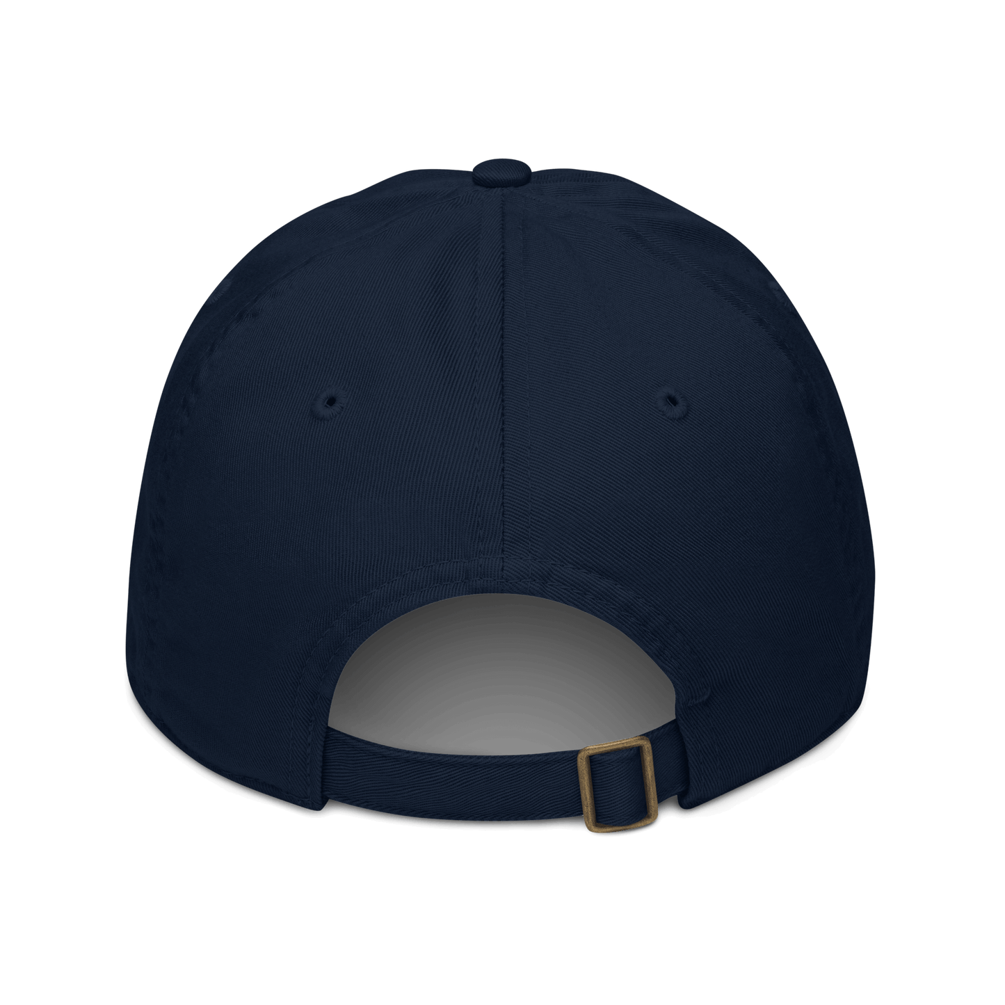 Navy blue cap with a gold buckle on a white background