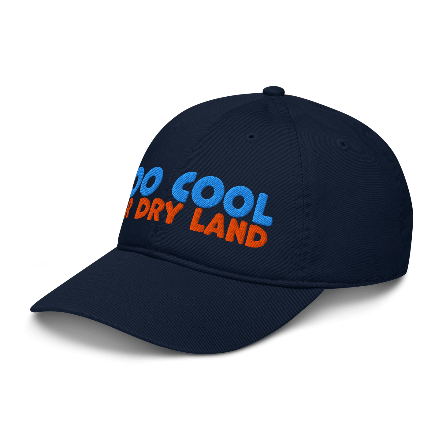 Side view of navy organic baseball cap angled left, highlighting soft, curved brim and minimalist stitching. Made from sustainable, biodegradable cotton.