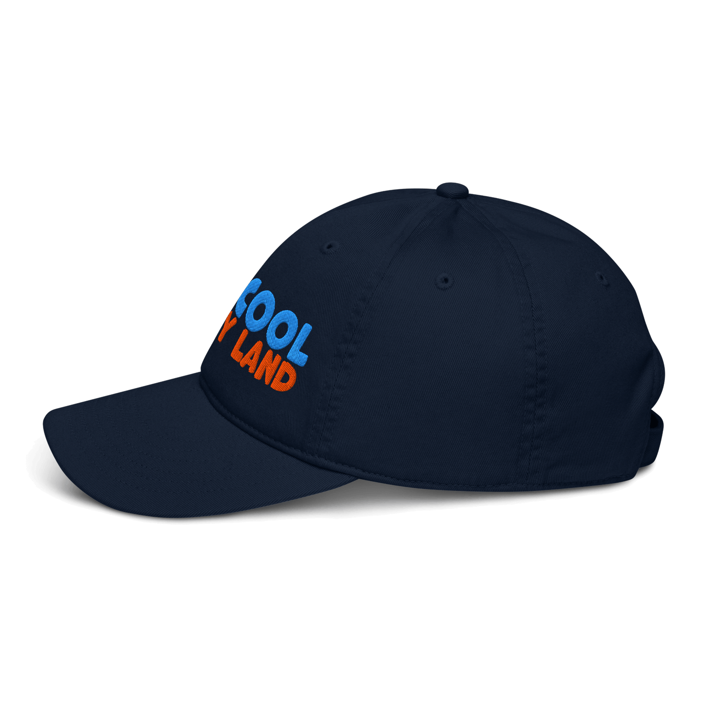 Navy blue cap with colorful text on a white background