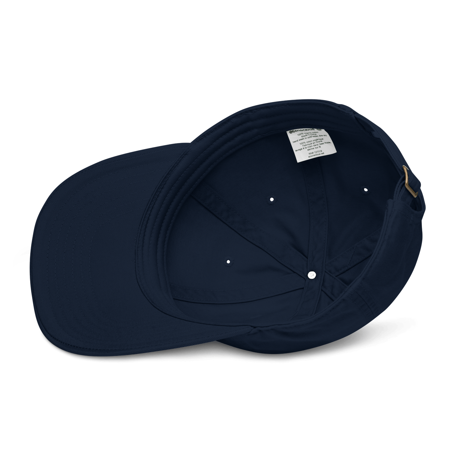 Navy blue cap with a tag on a white background