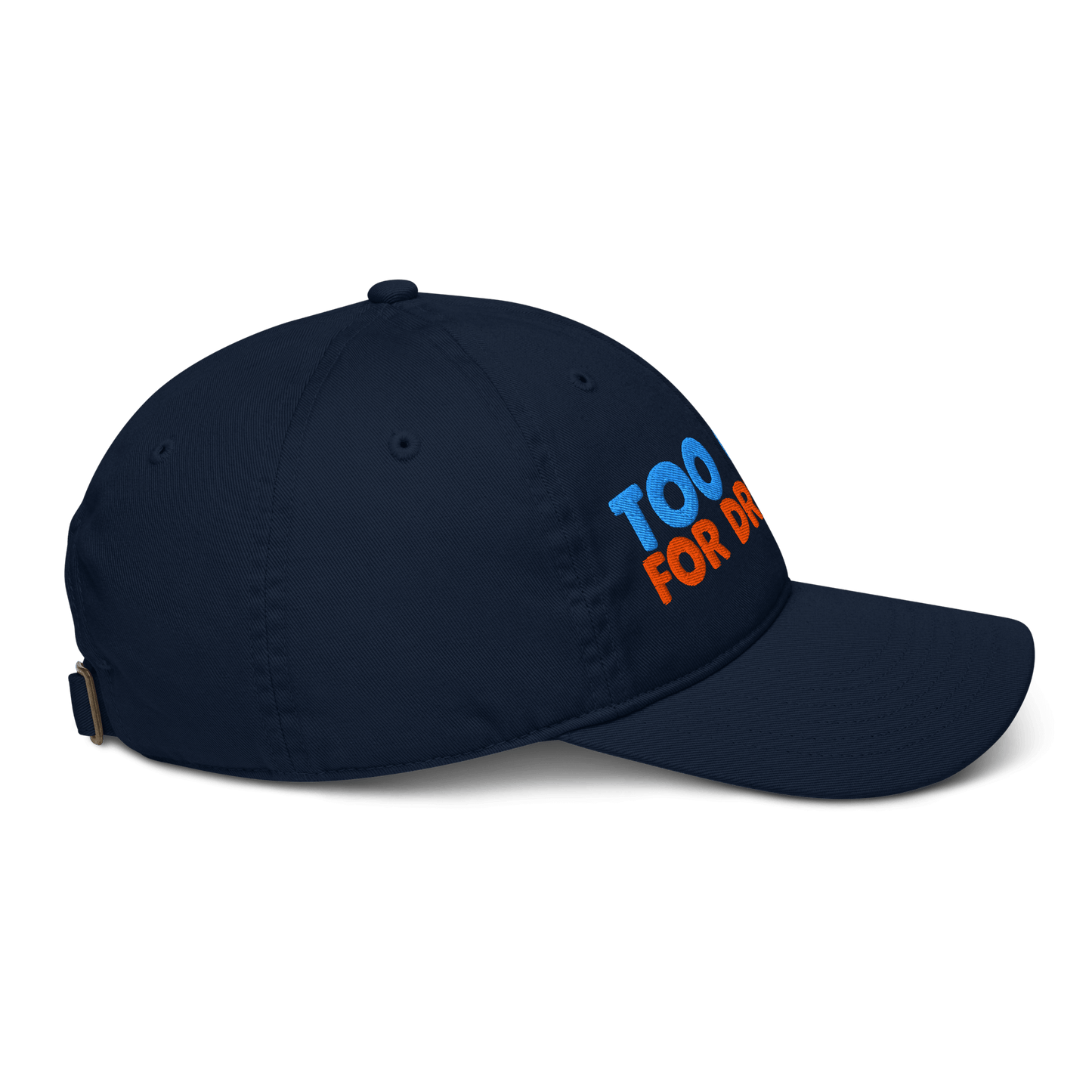 Navy blue cap with colorful text on a white background