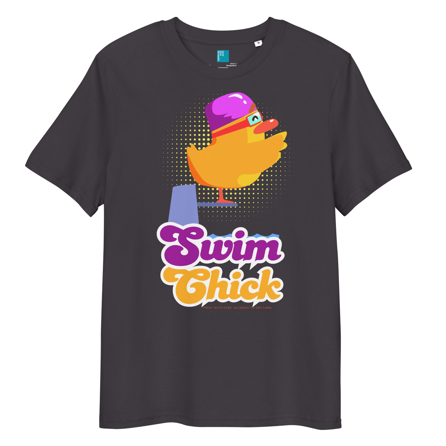 Charcoal organic funny swim shirt featuring a bright yellow cartoon duck wearing a purple swim cap and goggles, standing on a starting block with the bold retro-style text “Swim Chick.” Made from eco-friendly organic cotton, this breathable and sustainable t-shirt is perfect for competitive swimmers, swim moms, and water-loving athletes who want humor and comfort in and out of the pool.