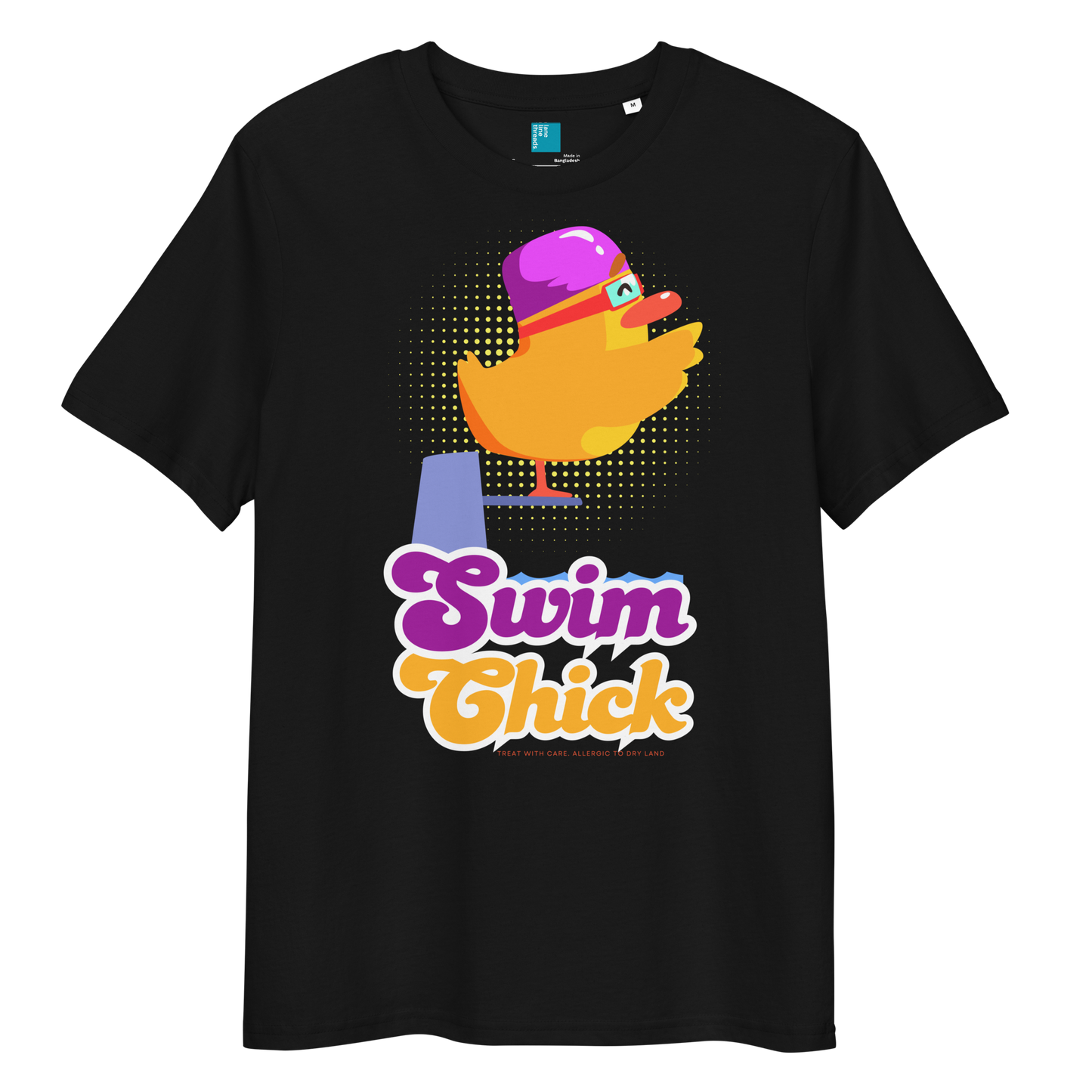 Black organic funny swim shirt featuring a bright yellow cartoon duck wearing a purple swim cap and goggles, standing on a starting block with the bold retro-style text “Swim Chick.” Made from eco-friendly organic cotton, this breathable and sustainable t-shirt is perfect for competitive swimmers, swim moms, and water-loving athletes who want humor and comfort in and out of the pool.