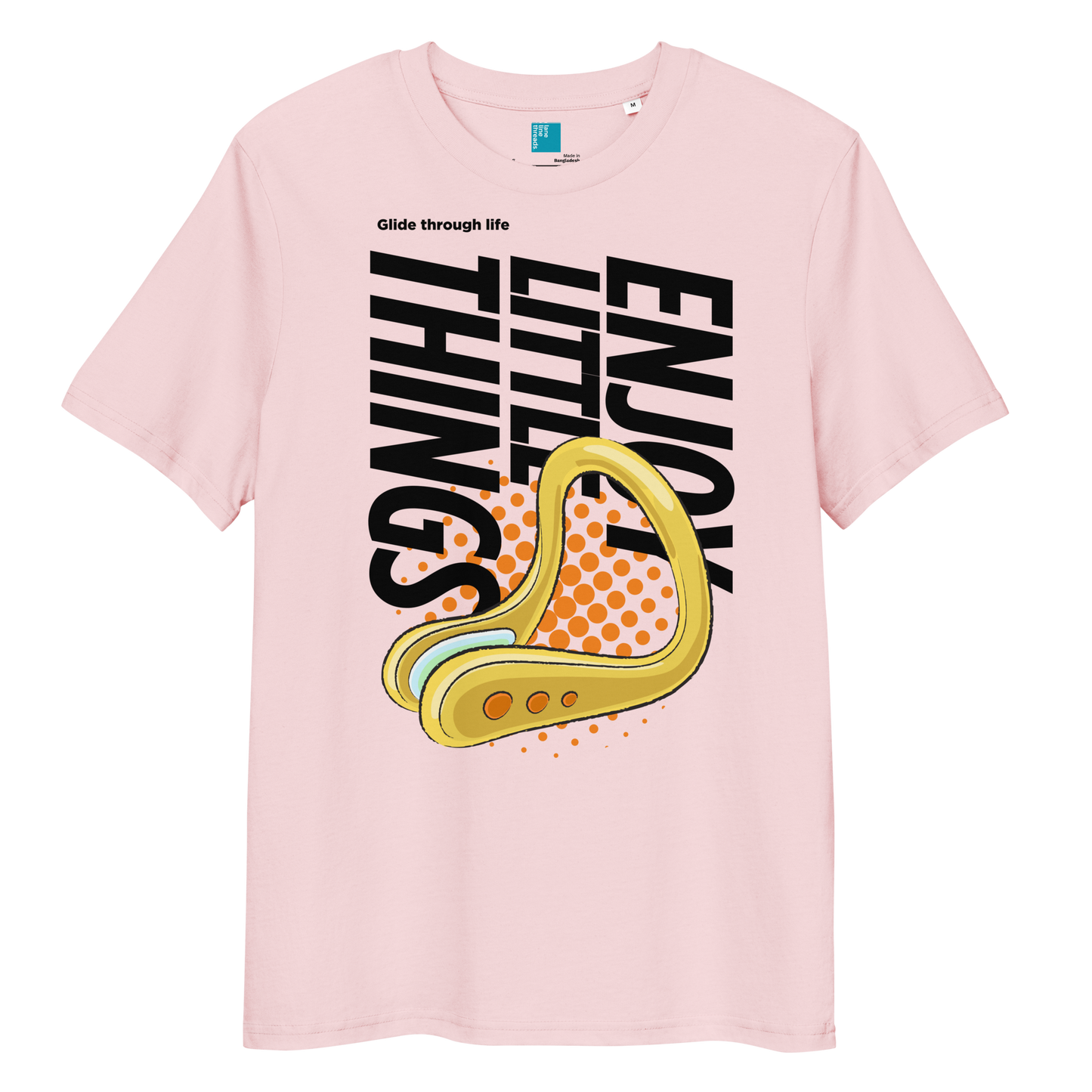 Peach organic funny swim shirt with nose clip graphic, featuring 'Enjoy the Little Things' slogan.