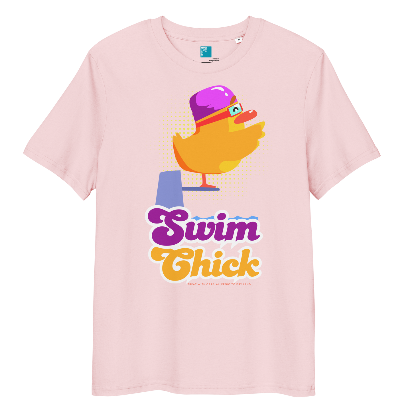 Light pink organic funny swim shirt featuring a bright yellow cartoon duck wearing a purple swim cap and goggles, standing on a starting block with the bold retro-style text “Swim Chick.” Made from eco-friendly organic cotton, this breathable and sustainable t-shirt is perfect for competitive swimmers, swim moms, and water-loving athletes who want humor and comfort in and out of the pool.