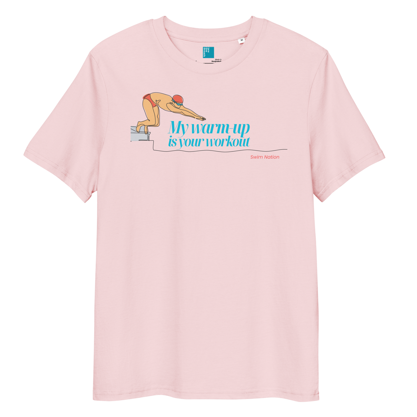 Organic funny swim shirt in pink with text 'My Warm-Up Is Your Workout' and swimmer graphic.