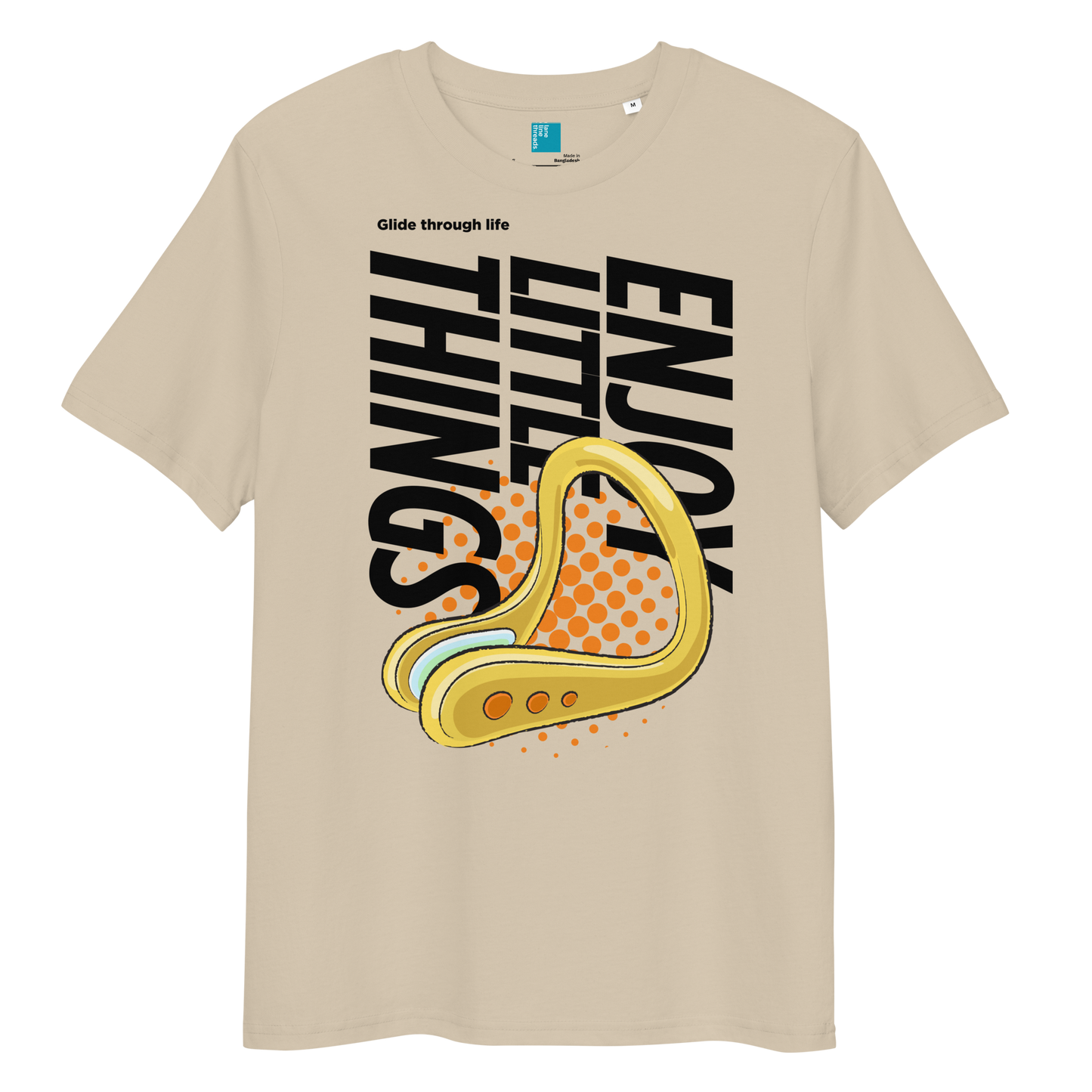 Beige organic funny swim shirt with nose clip graphic, featuring 'Enjoy the Little Things' slogan.