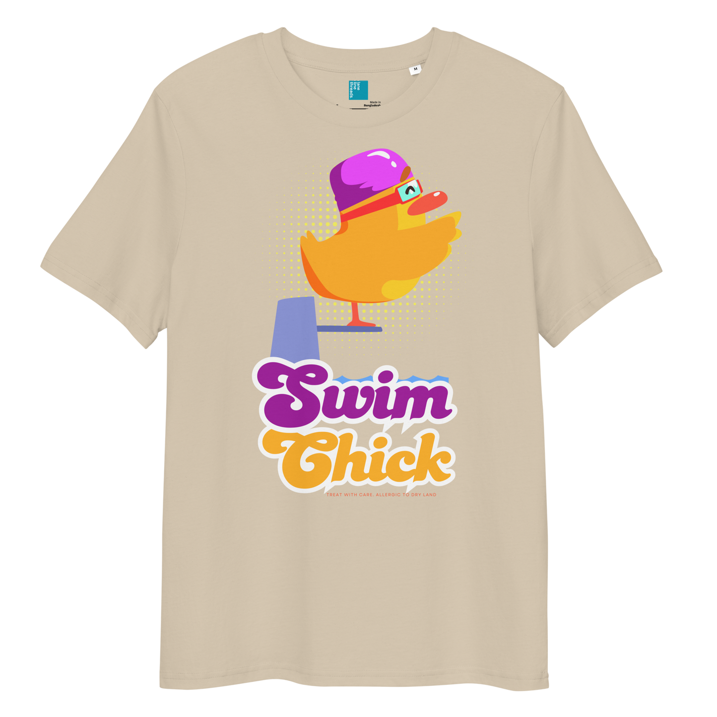 Beige organic funny swim shirt featuring a bright yellow cartoon duck wearing a purple swim cap and goggles, standing on a starting block with the bold retro-style text “Swim Chick.” Made from eco-friendly organic cotton, this breathable and sustainable t-shirt is perfect for competitive swimmers, swim moms, and water-loving athletes who want humor and comfort in and out of the pool.