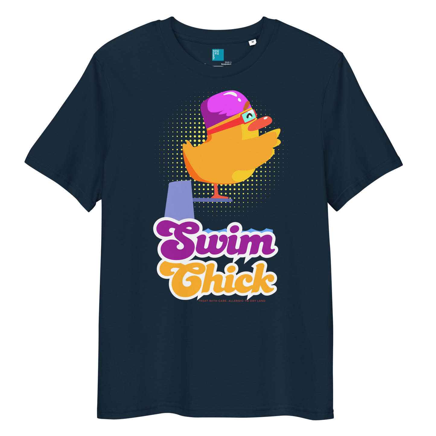 Navy organic funny swim shirt featuring a bright yellow cartoon duck wearing a purple swim cap and goggles, standing on a starting block with the bold retro-style text “Swim Chick.” Made from eco-friendly organic cotton, this breathable and sustainable t-shirt is perfect for competitive swimmers, swim moms, and water-loving athletes who want humor and comfort in and out of the pool.