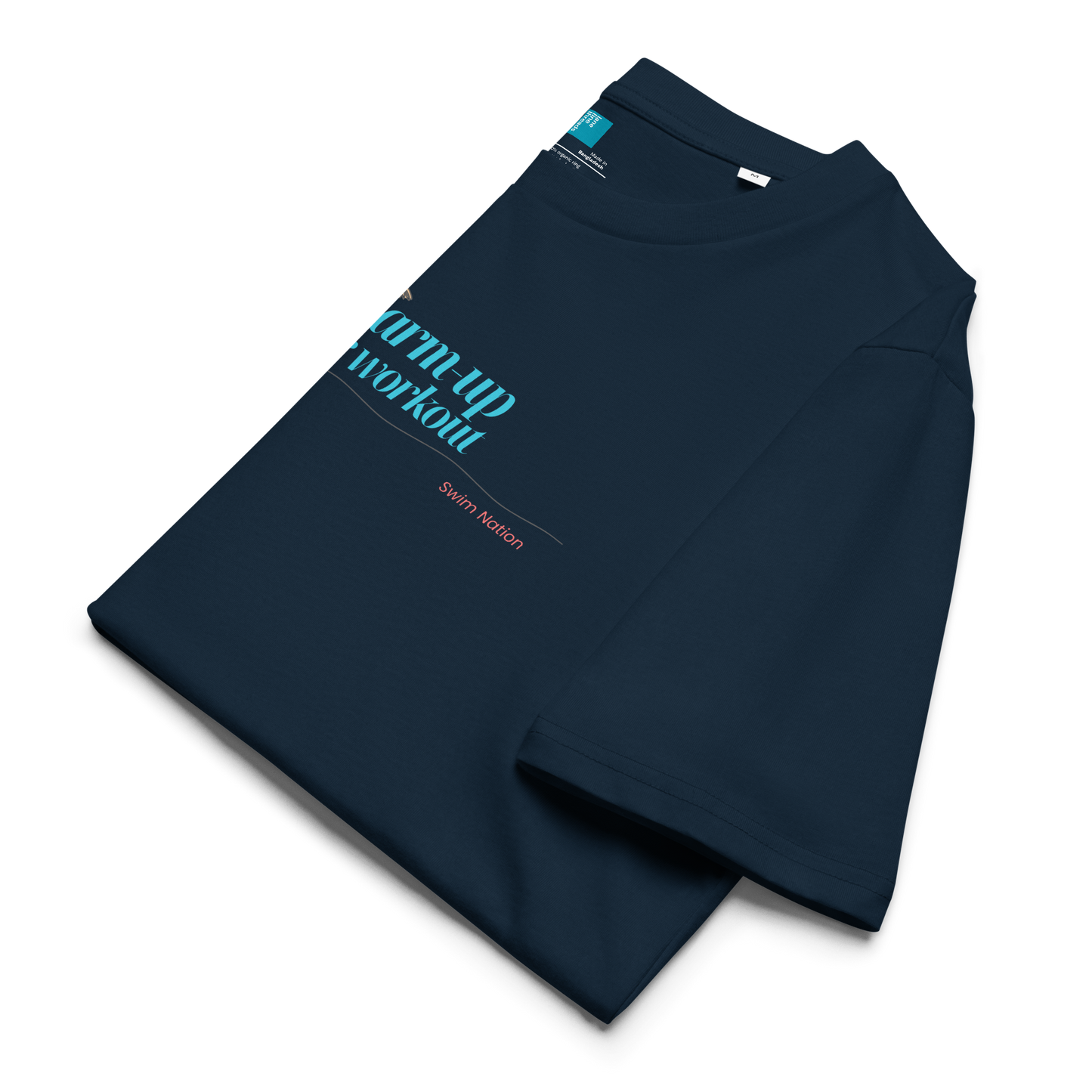 Organic funny swim shirt in navy with 'My Warm-Up Is Your Workout' text, made from 100% organic cotton.