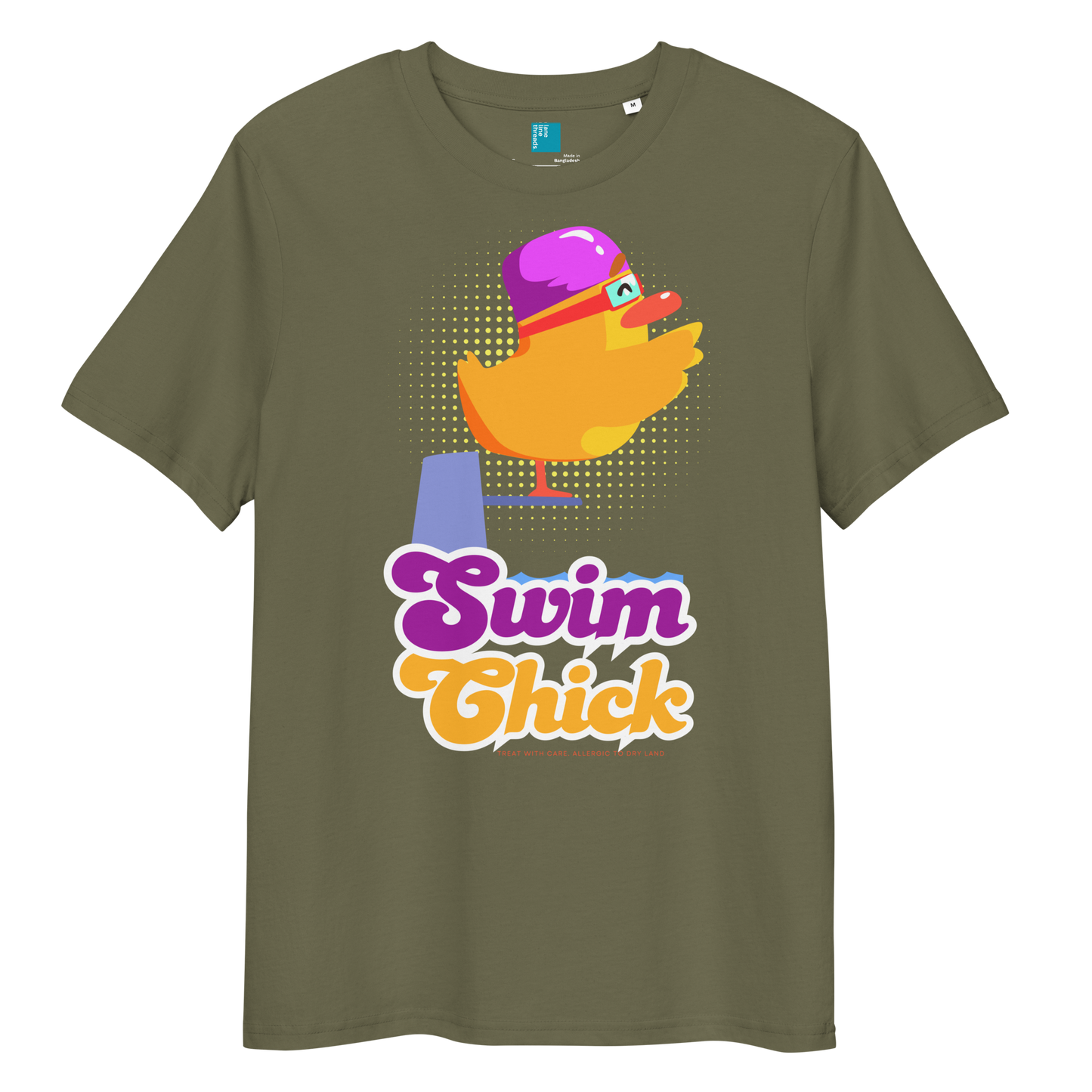 Khaki organic funny swim shirt featuring a bright yellow cartoon duck wearing a purple swim cap and goggles, standing on a starting block with the bold retro-style text “Swim Chick.” Made from eco-friendly organic cotton, this breathable and sustainable t-shirt is perfect for competitive swimmers, swim moms, and water-loving athletes who want humor and comfort in and out of the pool.