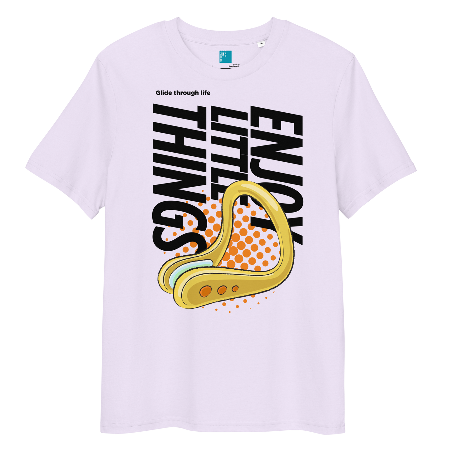 Lavender organic funny swim shirt with nose clip graphic, featuring 'Enjoy the Little Things' slogan.