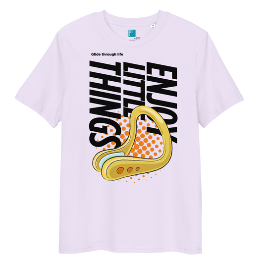 Lavender organic funny swim shirt with nose clip graphic, featuring 'Enjoy the Little Things' slogan.