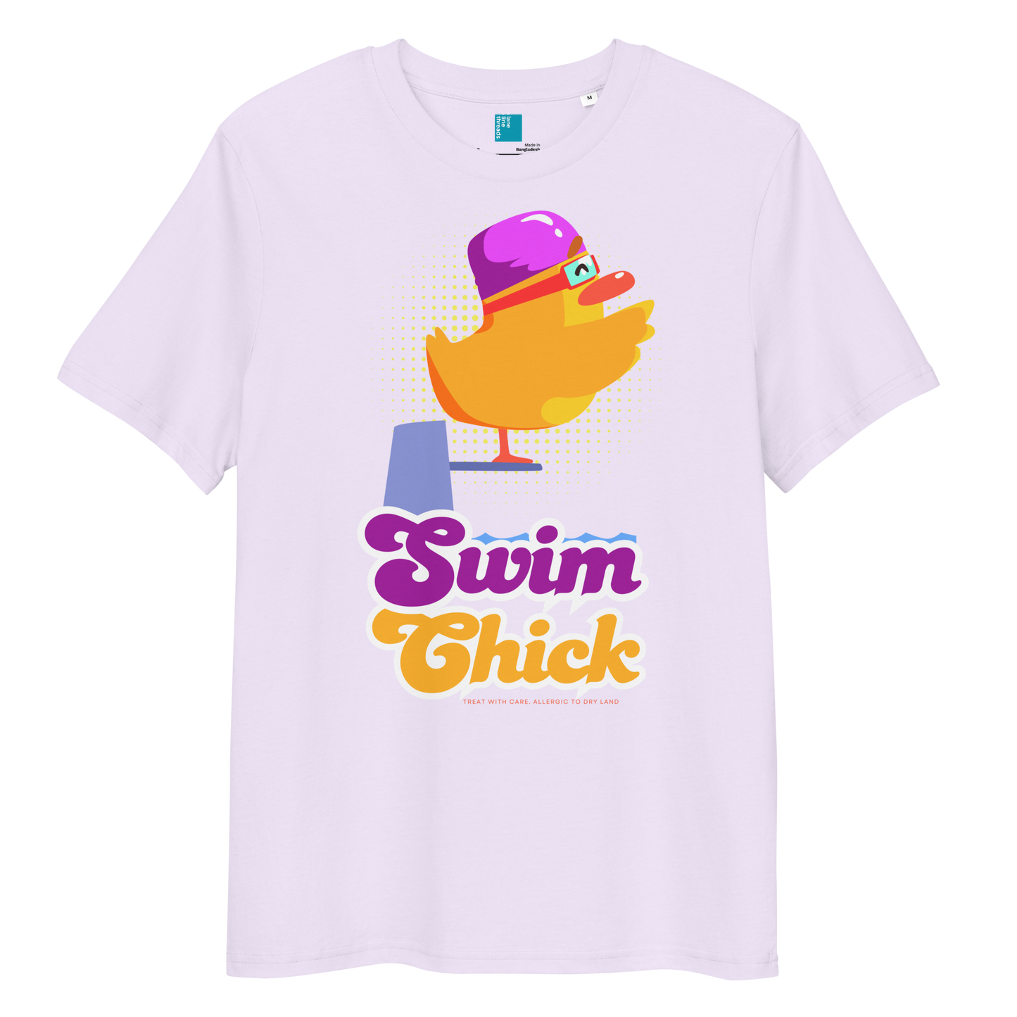 Lavender organic funny swim shirt featuring a bright yellow cartoon duck wearing a purple swim cap and goggles, standing on a starting block with the bold retro-style text “Swim Chick.” Made from eco-friendly organic cotton, this breathable and sustainable t-shirt is perfect for competitive swimmers, swim moms, and water-loving athletes who want humor and comfort in and out of the pool.