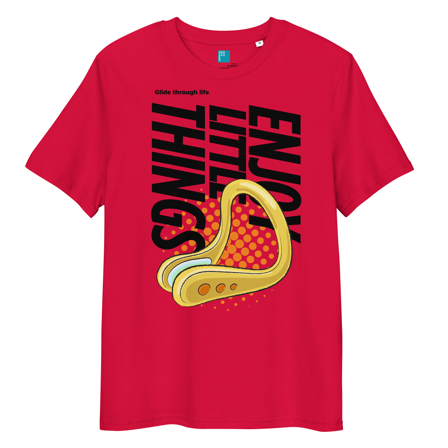 Red organic funny swim shirt with nose clip graphic, featuring 'Enjoy the Little Things' slogan.