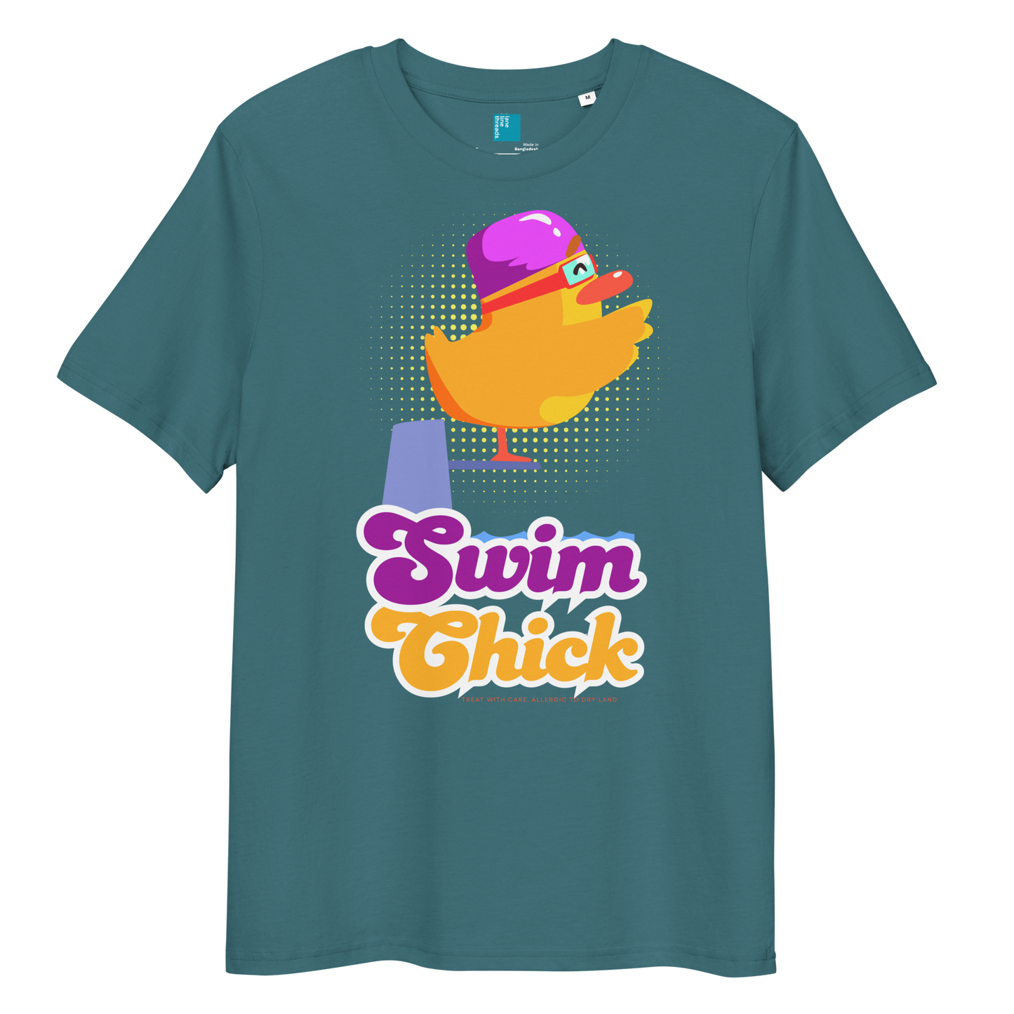 Green-blue organic funny swim shirt featuring a bright yellow cartoon duck wearing a purple swim cap and goggles, standing on a starting block with the bold retro-style text “Swim Chick.” Made from eco-friendly organic cotton, this breathable and sustainable t-shirt is perfect for competitive swimmers, swim moms, and water-loving athletes who want humor and comfort in and out of the pool.