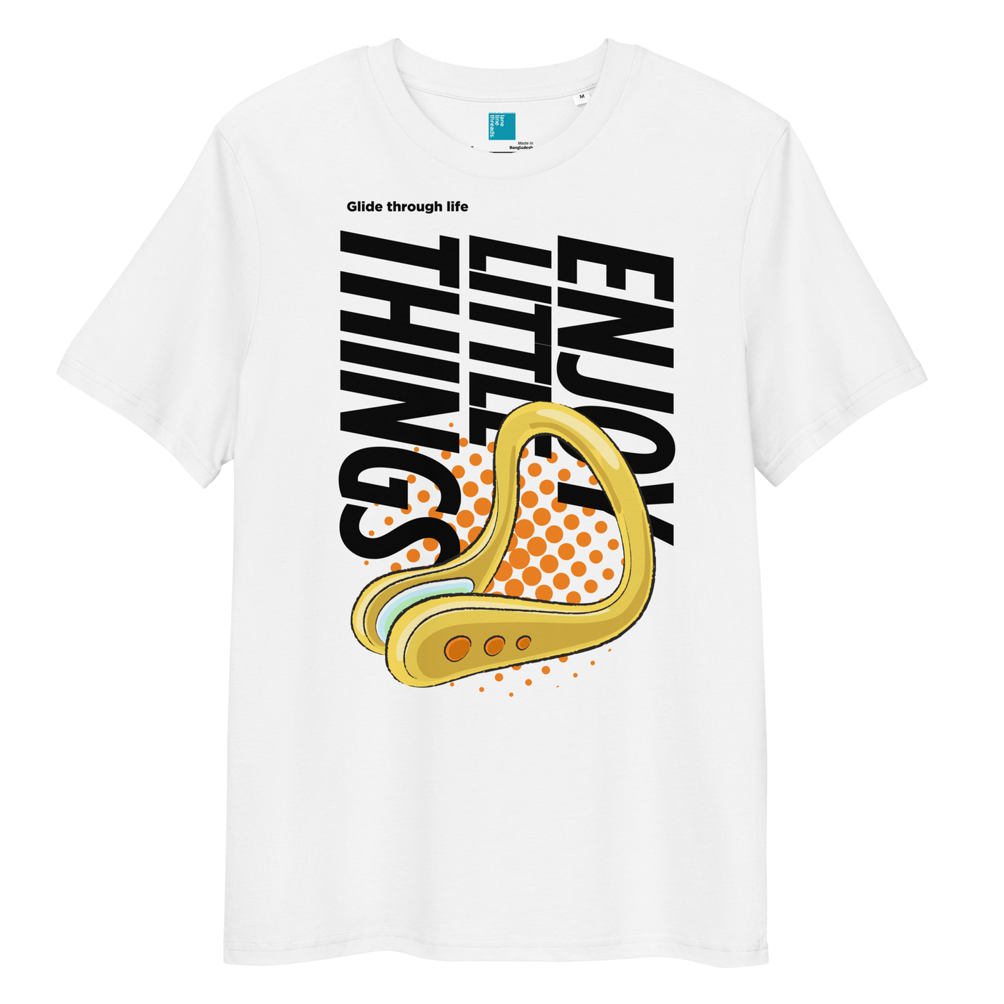 White organic funny swim shirt with nose clip graphic, featuring 'Enjoy the Little Things' slogan.