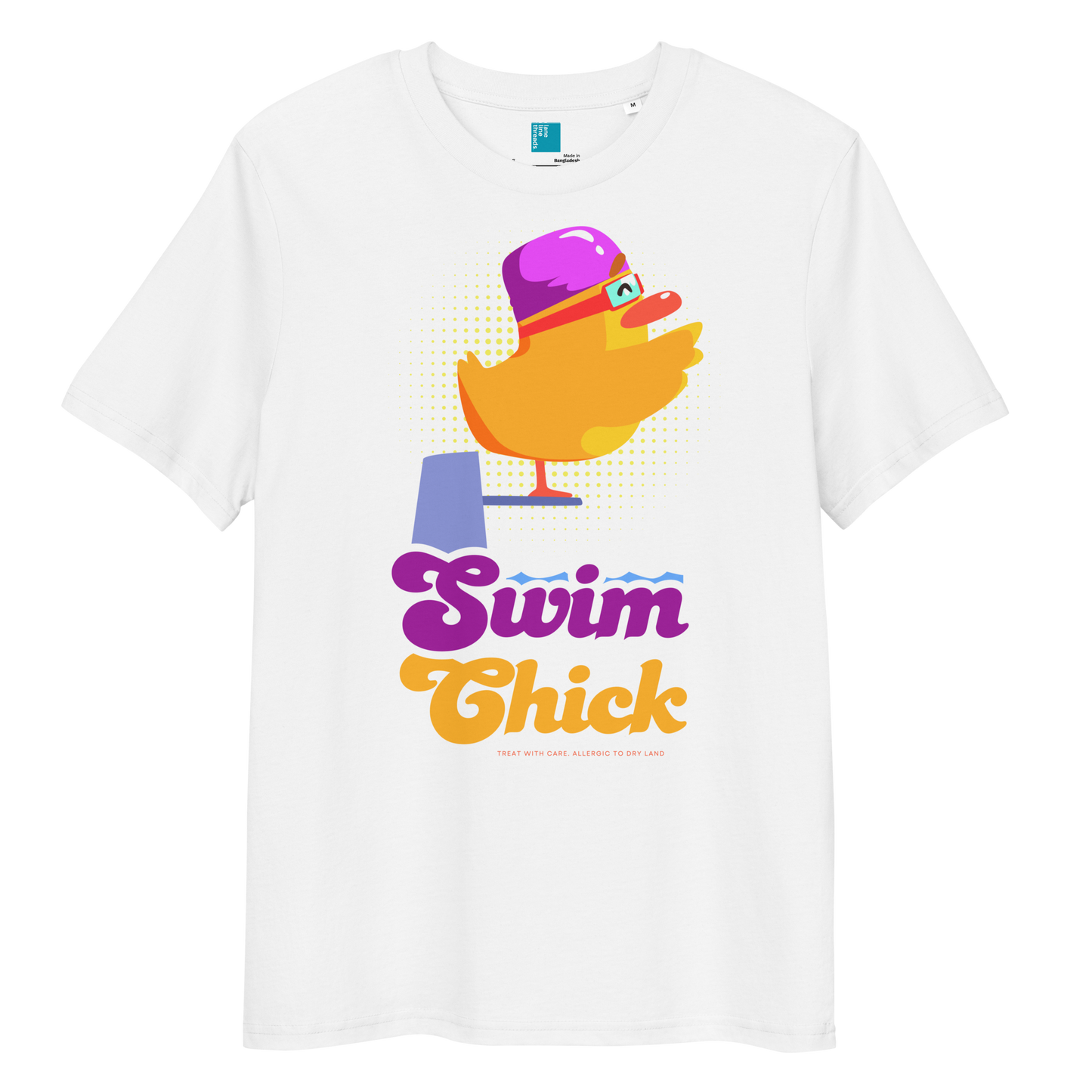 white organic funny swim shirt featuring a bright yellow cartoon duck wearing a purple swim cap and goggles, standing on a starting block with the bold retro-style text “Swim Chick.” Made from eco-friendly organic cotton, this breathable and sustainable t-shirt is perfect for competitive swimmers, swim moms, and water-loving athletes who want humor and comfort in and out of the pool.