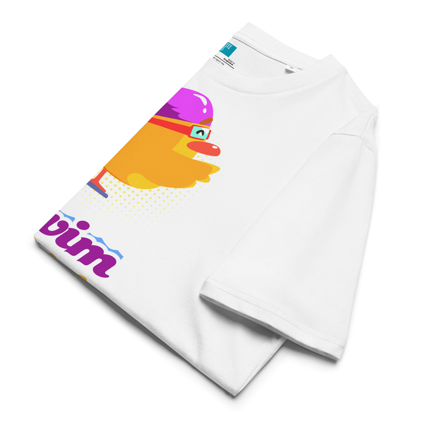 Folded white organic funny swim shirt featuring a bright yellow cartoon duck wearing a purple swim cap and goggles, standing on a starting block with the bold retro-style text “Swim Chick.” Made from eco-friendly organic cotton, this breathable and sustainable t-shirt is perfect for competitive swimmers, swim moms, and water-loving athletes who want humor and comfort in and out of the pool.