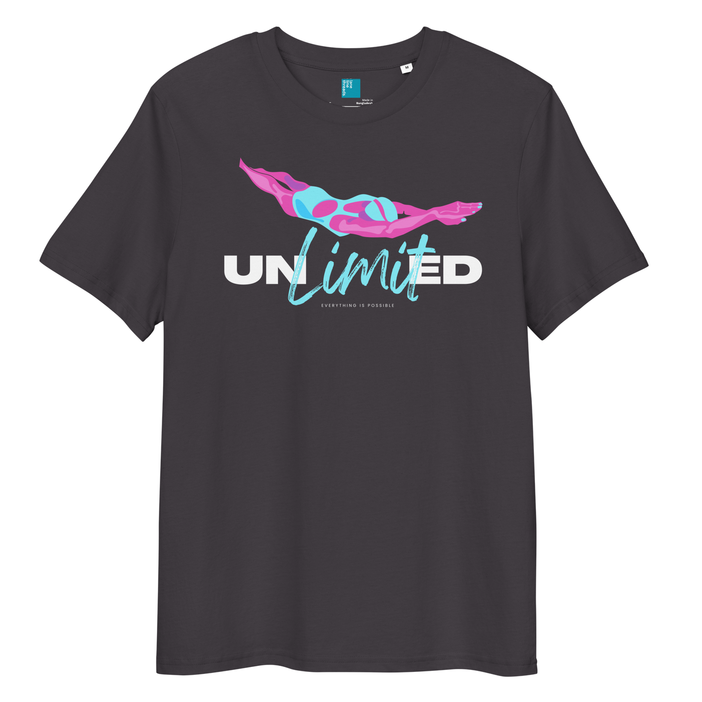 Anthracite eco-friendly t-shirt featuring a stylized swimmer graphic and the word “Unlimited” in bold and script fonts – ideal for sustainable-minded swimmers.
