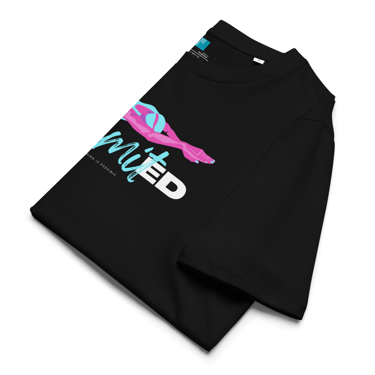 Folded front black eco-friendly organic cotton t-shirt featuring a part of its stylized swimmer girl graphic and the word “Unlimited” in bold and script fonts – ideal for sustainable-minded swimmers.