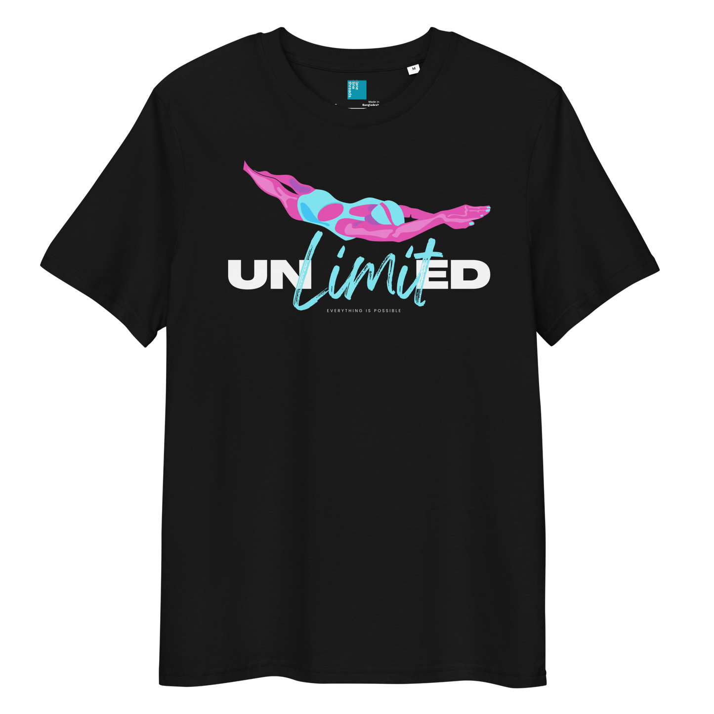 Black eco-friendly organic cotton shirt featuring a stylized swimmer girl graphic and the word “Unlimited” in bold and script fonts – ideal for sustainable-minded swimmers.