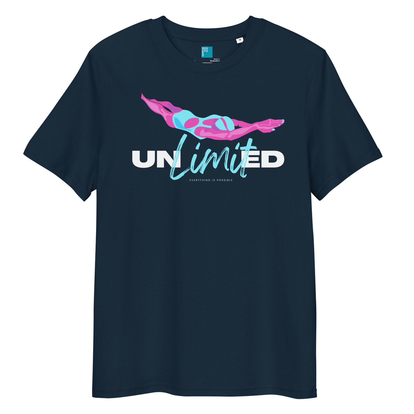 French navy eco-friendly organic cotton shirt featuring a stylized swimmer girl graphic and the word “Unlimited” in bold and script fonts – ideal for sustainable-minded swimmers.
