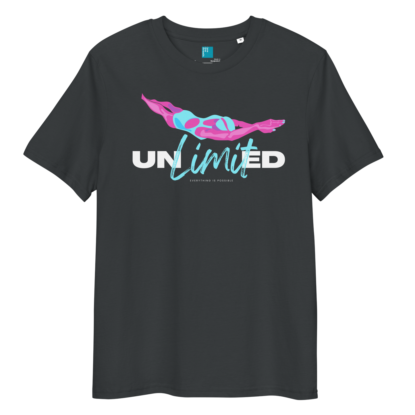 India ink grey eco-friendly t-shirt featuring a stylized swimmer graphic and the word “Unlimited” in bold and script fonts – ideal for sustainable-minded swimmers.