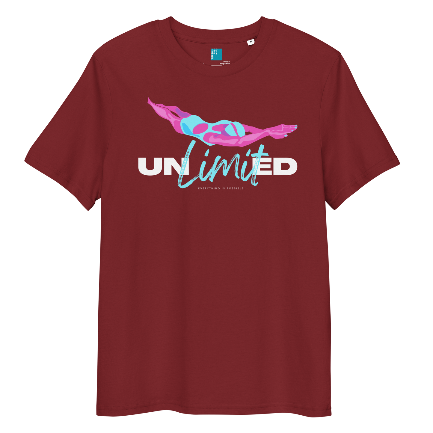 Maroon eco-friendly t-shirt featuring a stylized swimmer graphic and the word “Unlimited” in bold and script fonts – ideal for sustainable-minded swimmers.