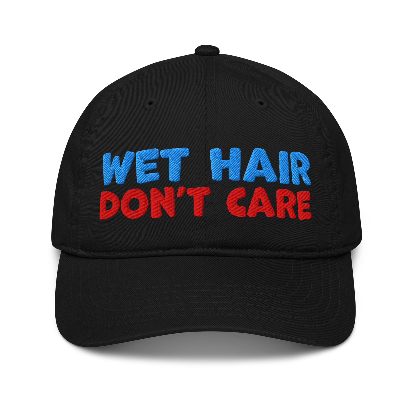 Black organic baseball cap with curved brim, featuring minimalist embroidery "wet hair don't care" and made from 100% organic cotton. Eco-friendly, breathable, and ideal for swimmers.