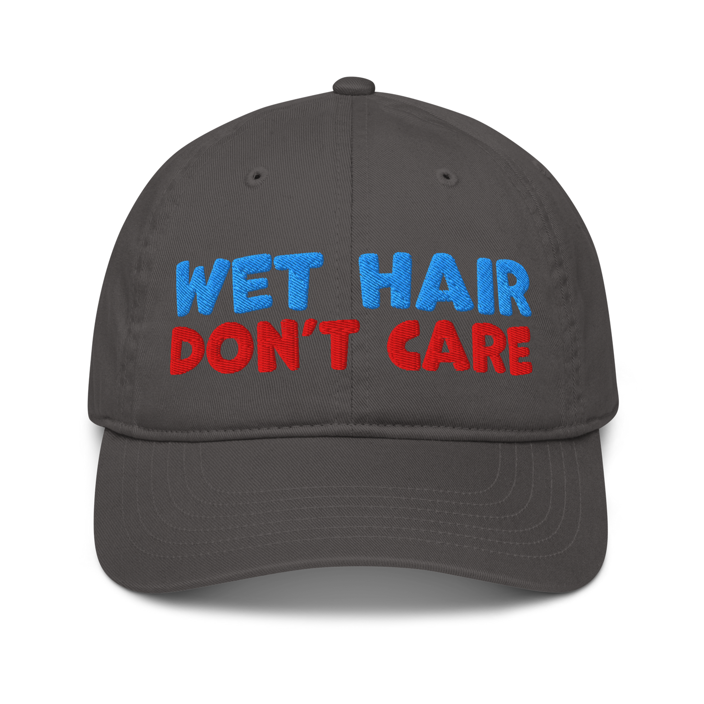 Charcoal organic baseball cap with curved brim, featuring minimalist embroidery "wet hair don't care" and made from 100% organic cotton. Eco-friendly, breathable, and ideal for swimmers.