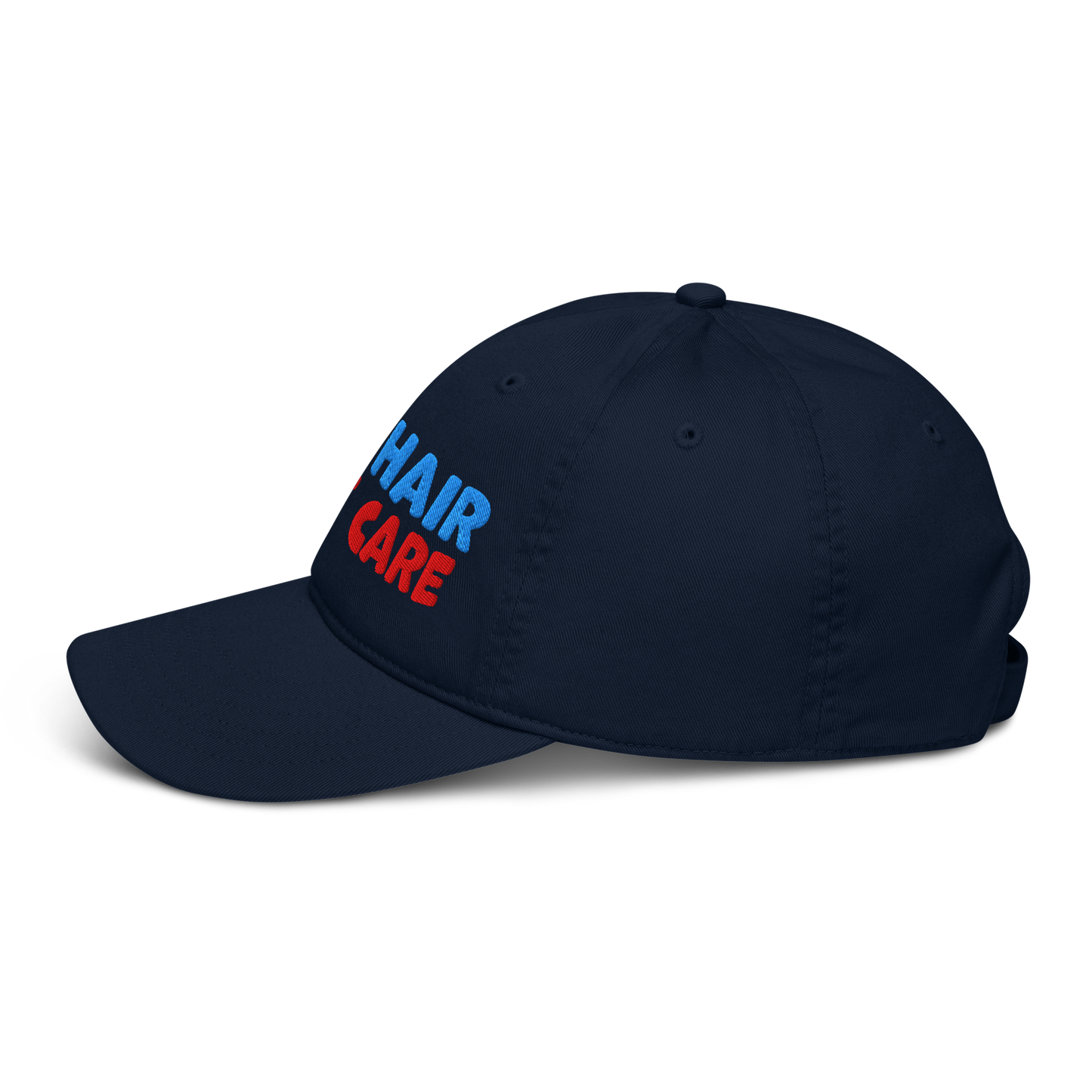 Side view of a navy organic baseball cap angled to the left, highlighting its soft, curved brim and minimalist stitching. Made from sustainable, biodegradable cotton.