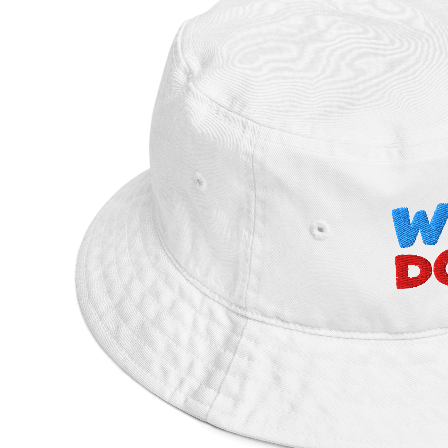 White bucket hat with colorful text on a white background
