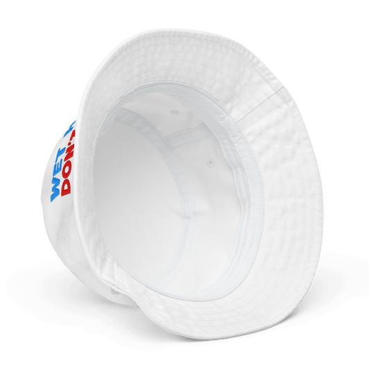 White bucket hat with 'Wet Don't' text on a white background