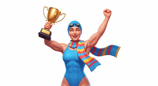 Cheerful swimmer in blue swimsuit celebrating with a trophy, illustrating unique gifts for swimmers.