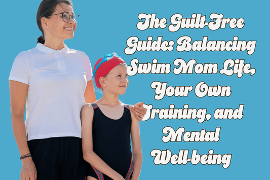 Woman and child with swim gear against a blue background with text overlay.