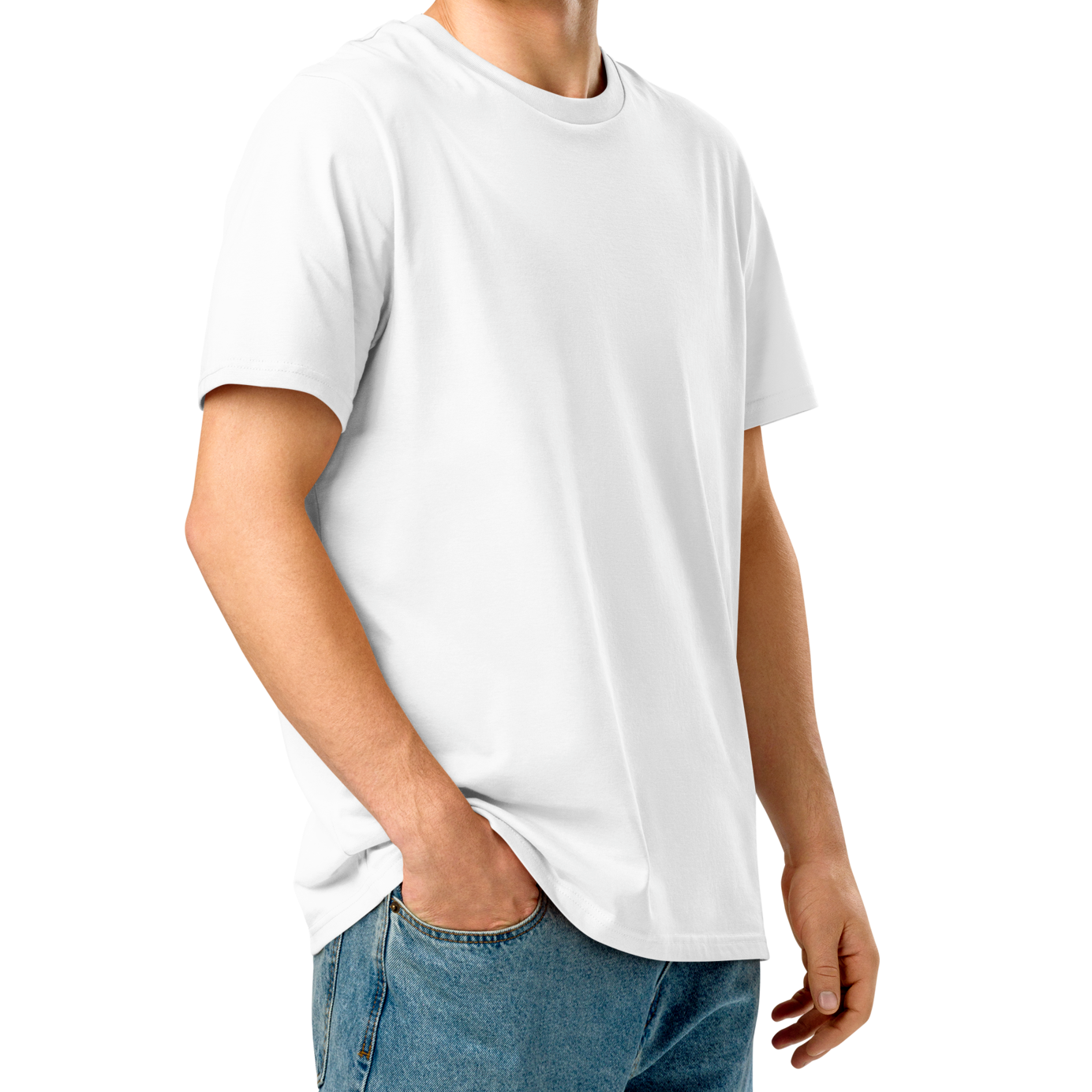 Organic cotton after swim t-shirts model wearing a white t-shirt with a casual fit and two hands in pockets.
