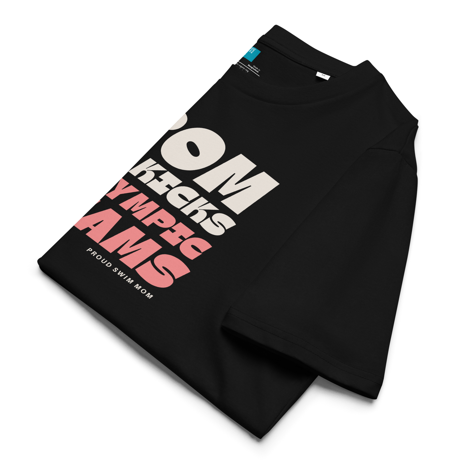 Black swim mom shirt featuring bold text, perfect for proud swim moms at the pool or events.