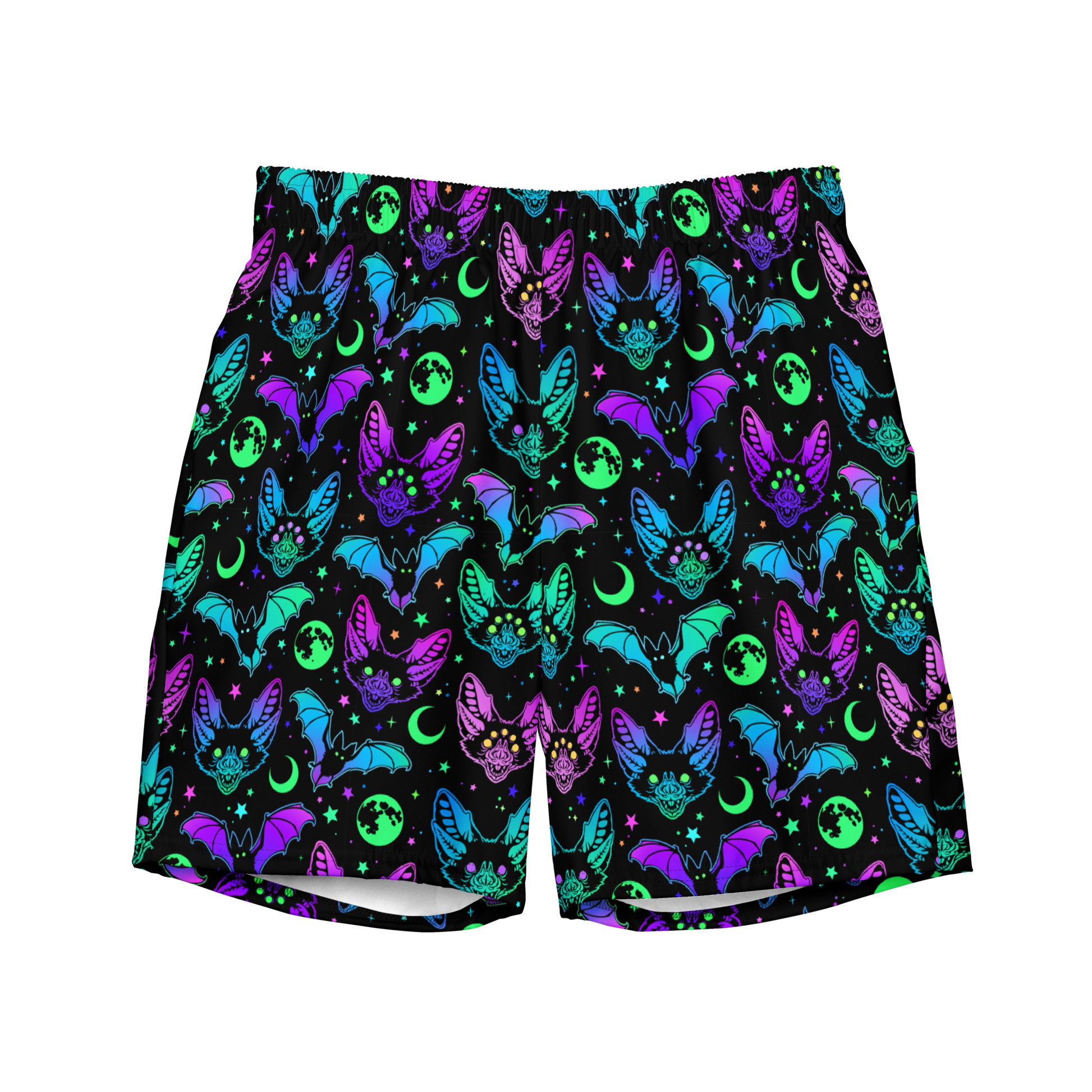 A pair of black Halloween organic swim trunks with a repeating neon pattern of bats, moons, and stars. 