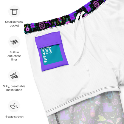 Halloween organic swim trunks with a purple inner pocket featuring Lane Line Threads logo, on a black background with product features icons