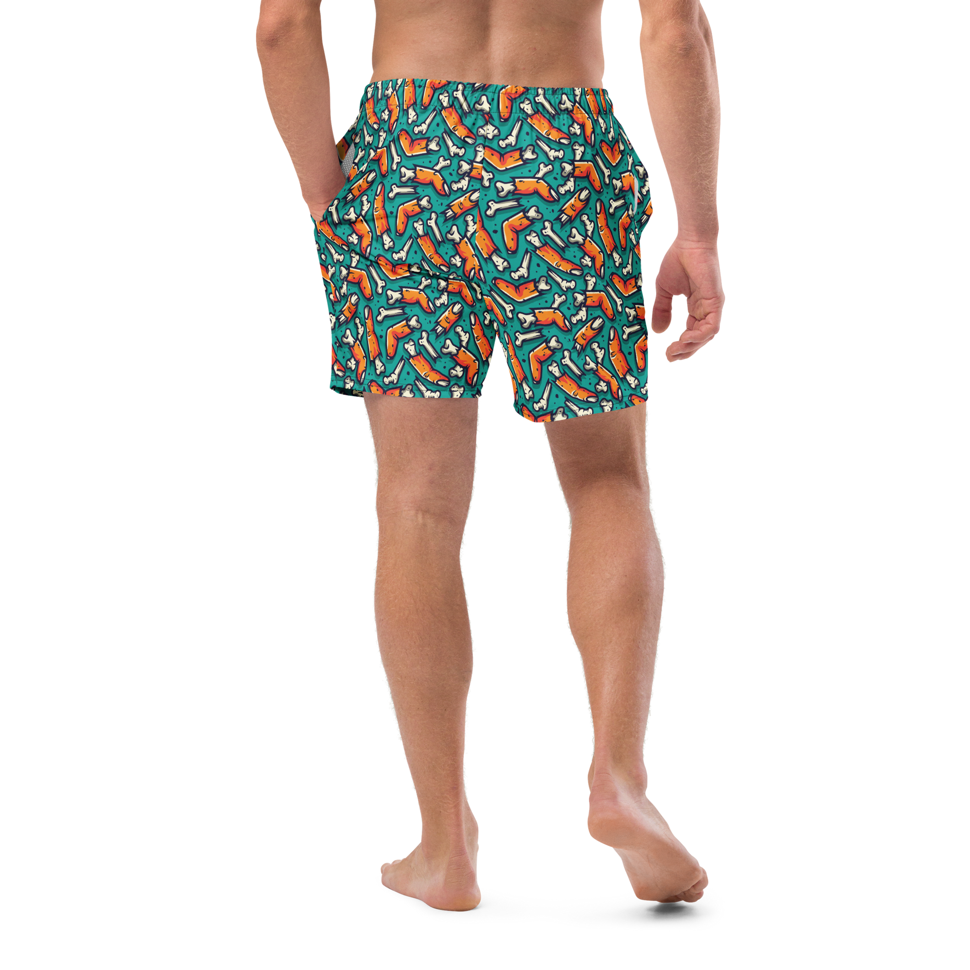 Person wearing colorful Halloween patterned organic swim shorts