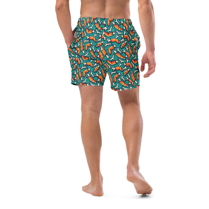 Person wearing colorful Halloween patterned organic swim shorts