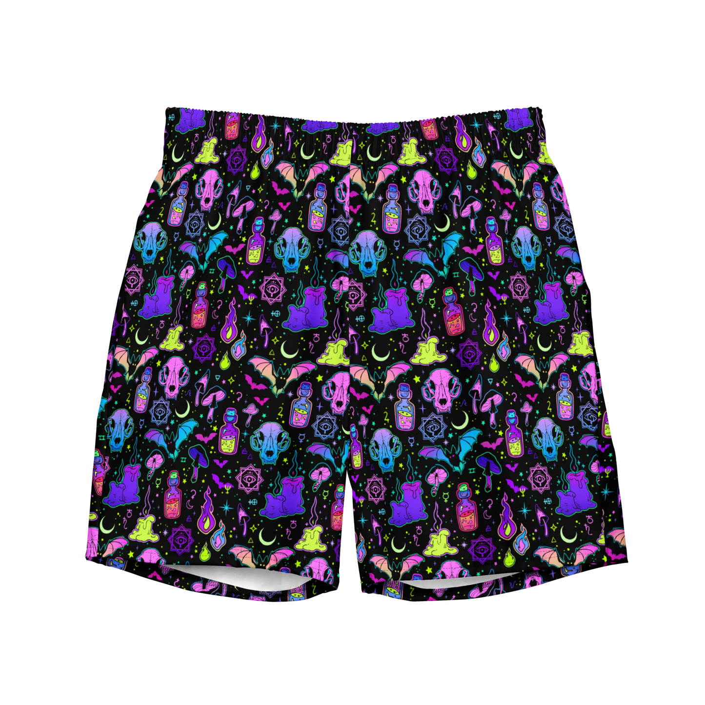 Colorful Halloween-themed organic swim trunks featuring skulls, moons, potions, and crystals on a black background; eco-friendly and designed for swimmers.