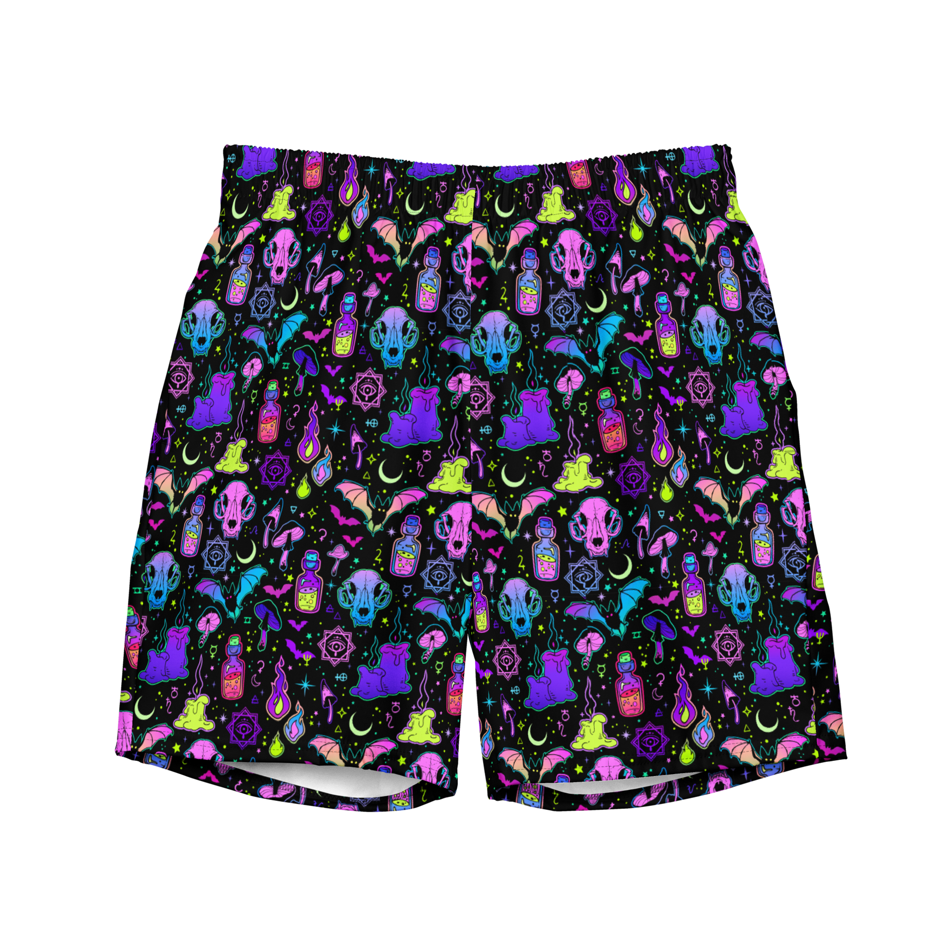 Colorful Halloween-themed organic swim trunks featuring skulls, moons, potions, and crystals on a black background; eco-friendly and designed for swimmers.