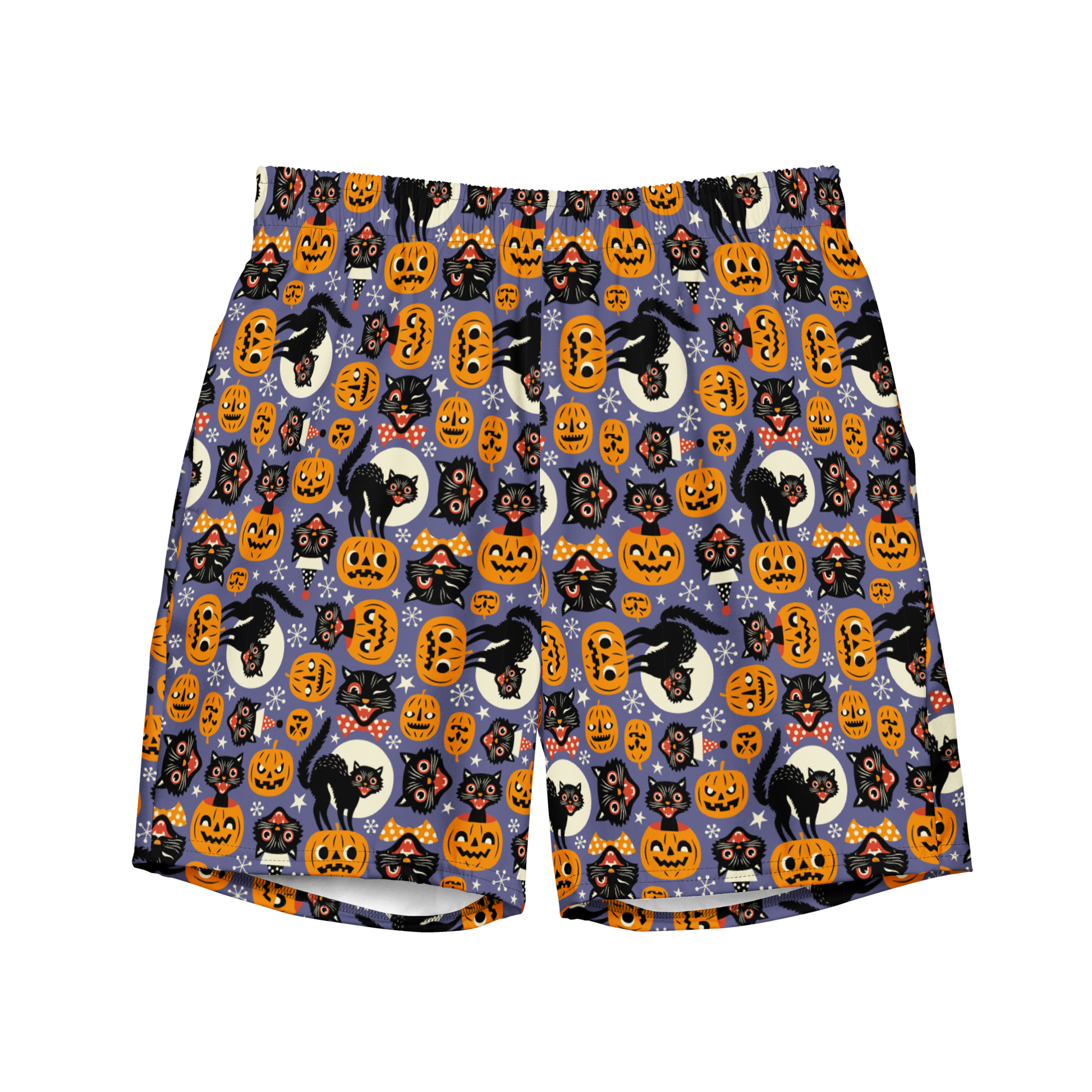 Halloween swim trunks with black cats, jack-o’-lanterns, and moon pattern. Eco-friendly organic swim trunks made from 100% recycled polyester.
