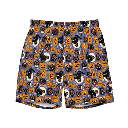 Halloween swim trunks with black cats, jack-o’-lanterns, and moon pattern. Eco-friendly organic swim trunks made from 100% recycled polyester.