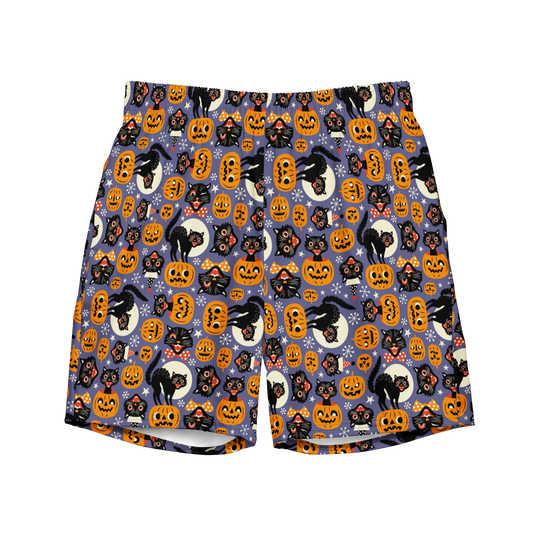 Halloween swim trunks with black cats, jack-o’-lanterns, and moon pattern. Eco-friendly organic swim trunks made from 100% recycled polyester.