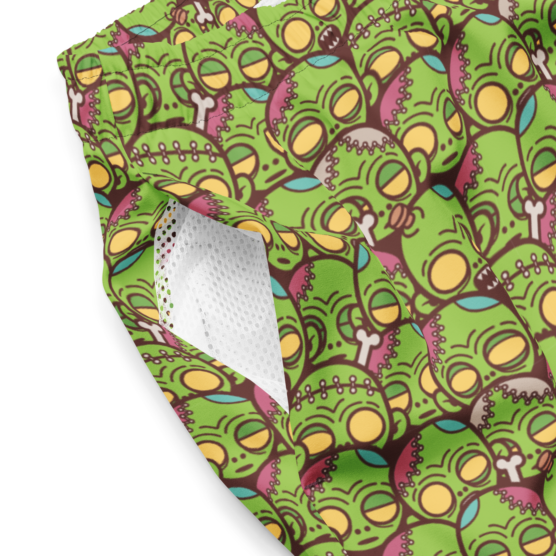 Green zombie patterned recycled swim trunks with a white backing